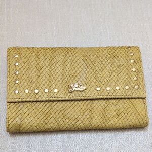 Elegant Gold Leather Tri-Fold Wallet Clutch with Studded Detail Made In Italy